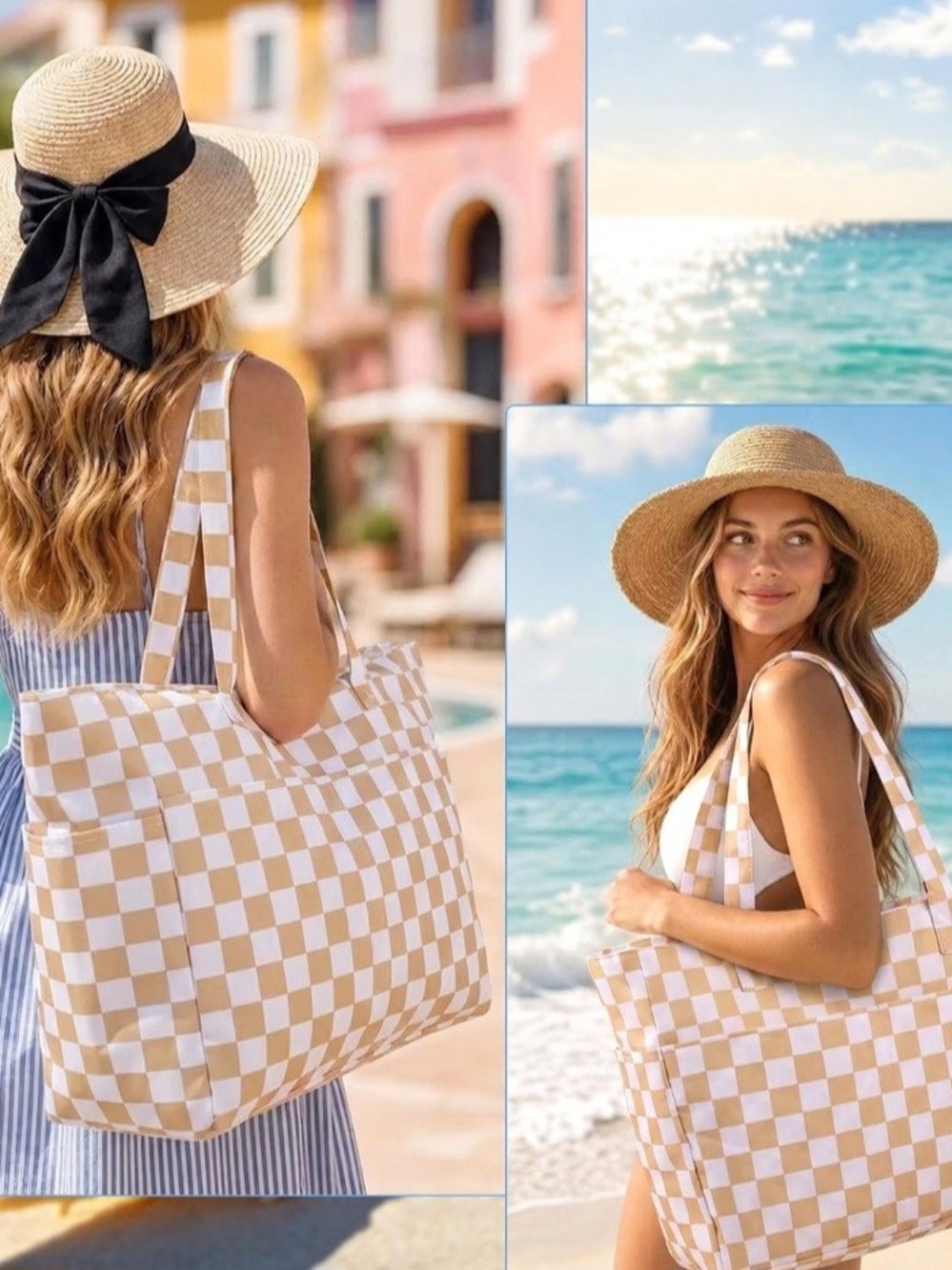 Beige Checkered Tote Bag - Beach-Ready Women’s Everyday Tote